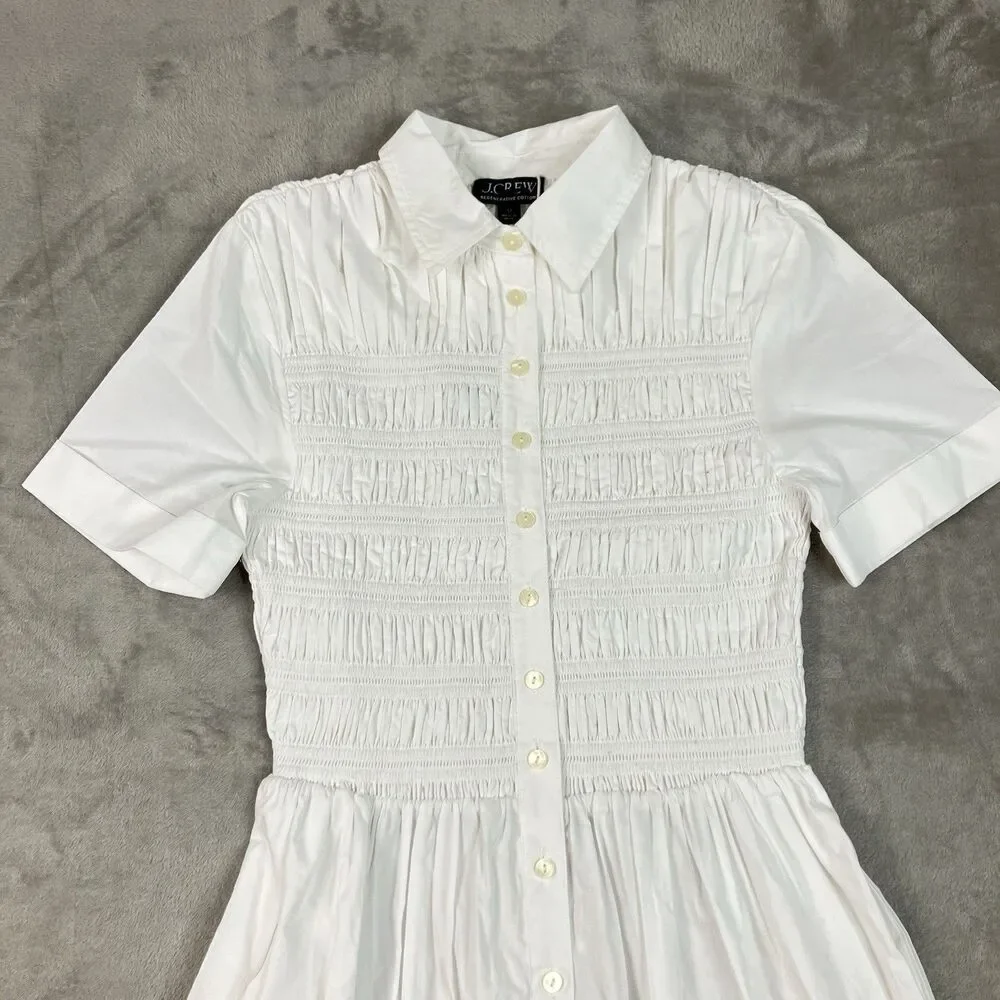 J Crew Petite Elsie Shirt Dress Womens SP White Cotton Poplin Smocked Button Up